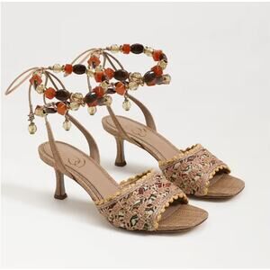 Sam Edelman Pamela Beaded Raffia Dress Sandal Heel Natural 6.5 NIB Ankle Strap